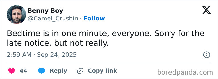 Tweet from Benny Boy humorously warning about bedtime in a parenting post that might make you chuckle.