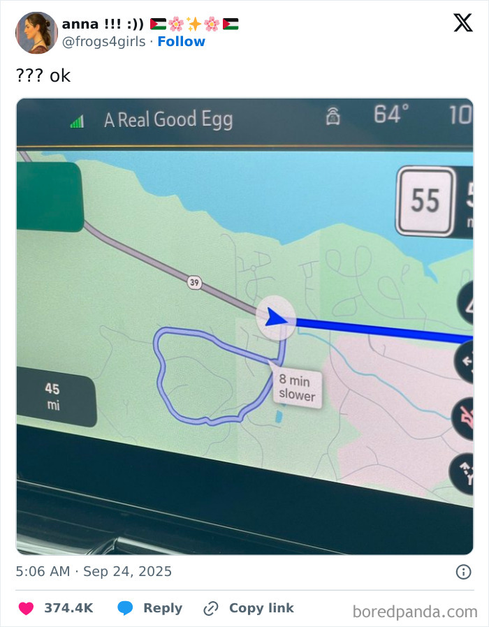 A humorous tweet showing a GPS route with a slower 8-minute detour, featured among funniest tweets of September.