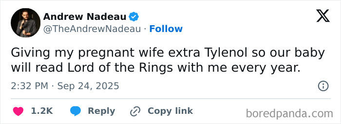 Screenshot of a funny tweet about giving pregnant wife Tylenol to raise a baby who loves reading, one of the funniest tweets of September.