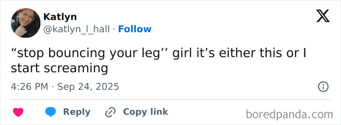 Screenshot of a funny tweet from September showing a relatable and humorous complaint about leg bouncing.