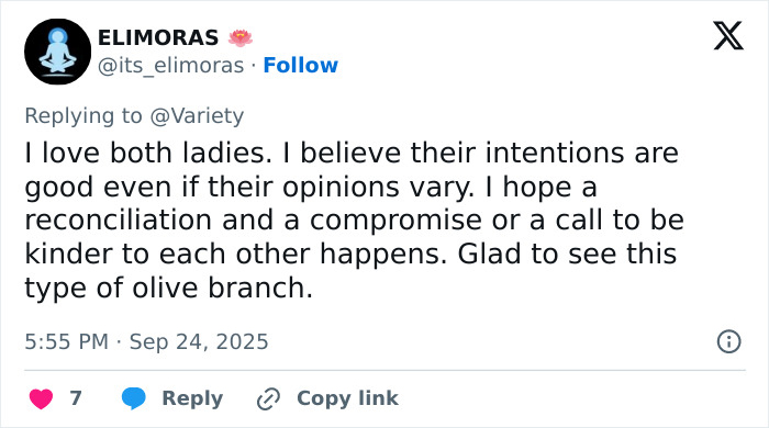 Tweet from user Elimoras expressing hope for reconciliation in Emma Watson trans feud with J.K. Rowling and calling for kindness between them. Tweet from user Elimoras expressing hope for reconciliation in Emma Watson trans feud with J.K. Rowling and calling for kindness between them.