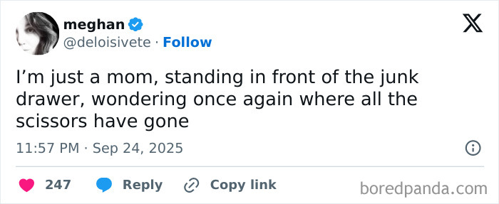 Tweet from a mom humorously wondering where all the scissors have gone, related to parenting posts that make you chuckle.