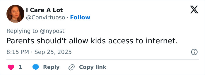 Twitter user I Care A Lot replying about parents restricting kids’ internet access, discussing teen safety online. Twitter user I Care A Lot replying about parents restricting kids’ internet access, discussing teen safety online.