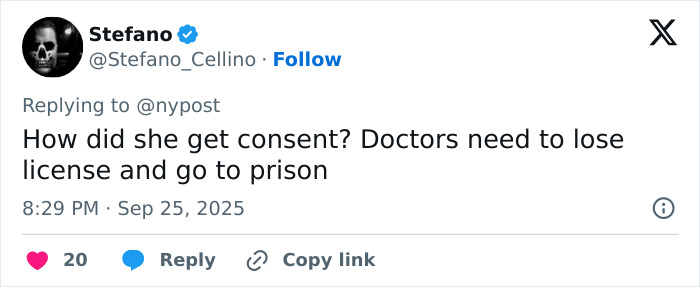 Tweet by Stefano Cellino questioning consent and calling for doctors to lose license and face prison in surgeon detention case