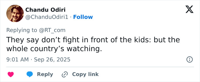 Tweet from Chandu Odiri discussing the country watching a finger-pointing scolding exchange with Melania. Tweet from Chandu Odiri discussing the country watching a finger-pointing scolding exchange with Melania.
