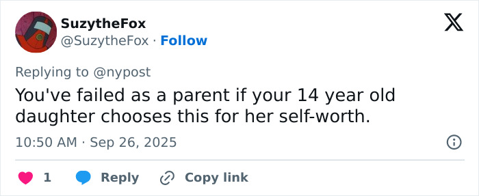 Tweet criticizing parent of 14-year-old, discussing breast enlargement and related detainment involving surgeon and teen’s mom.