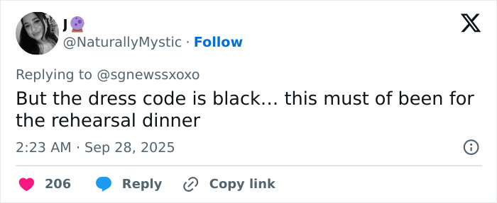 Screenshot of a Twitter comment discussing the black dress code at Selena Gomez and Billy Blanco's wedding rehearsal dinner. Screenshot of a Twitter comment discussing the black dress code at Selena Gomez and Billy Blanco's wedding rehearsal dinner.