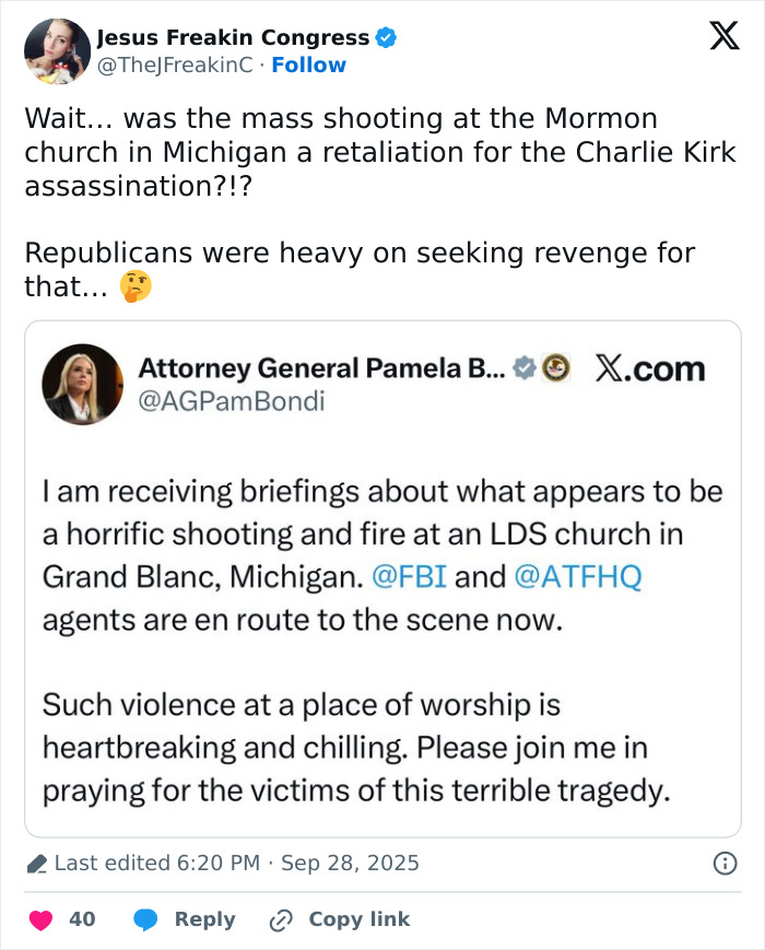 Tweet discussing conspiracy theorists linking Michigan church tragedy to Charlie Kirk attack after culprit identified. Tweet discussing conspiracy theorists linking Michigan church tragedy to Charlie Kirk attack after culprit identified.