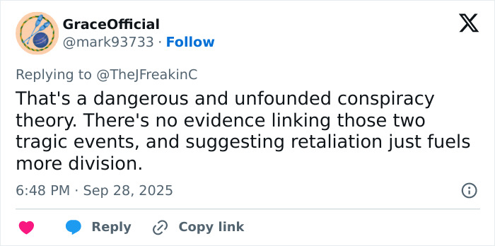 Tweet criticizing conspiracy theorists linking Michigan church tragedy to Charlie Kirk attack, calling it dangerous and unfounded. Tweet criticizing conspiracy theorists linking Michigan church tragedy to Charlie Kirk attack, calling it dangerous and unfounded.