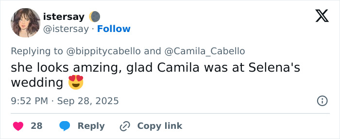Social media post praising Camila Cabello’s appearance at Selena Gomez and Billy Blanco’s wedding, highlighting outfits. Social media post praising Camila Cabello’s appearance at Selena Gomez and Billy Blanco’s wedding, highlighting outfits.