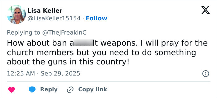 Screenshot of a social media post discussing gun control after Michigan church tragedy linked to Charlie Kirk attack conspiracy theorists. Screenshot of a social media post discussing gun control after Michigan church tragedy linked to Charlie Kirk attack conspiracy theorists.