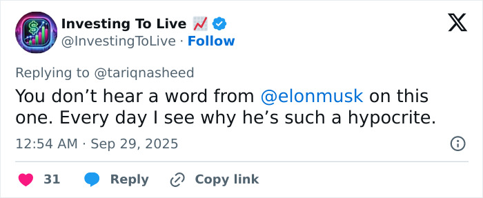 Tweet from Investing To Live criticizing Elon Musk’s silence on a Michigan church tragedy linked to Charlie Kirk attack theories. Tweet from Investing To Live criticizing Elon Musk’s silence on a Michigan church tragedy linked to Charlie Kirk attack theories.