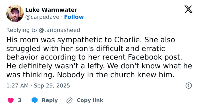 Tweet by Luke Warmwater discussing the Michigan church tragedy and Charlie Kirk attack amid conspiracy theorists online. Tweet by Luke Warmwater discussing the Michigan church tragedy and Charlie Kirk attack amid conspiracy theorists online.