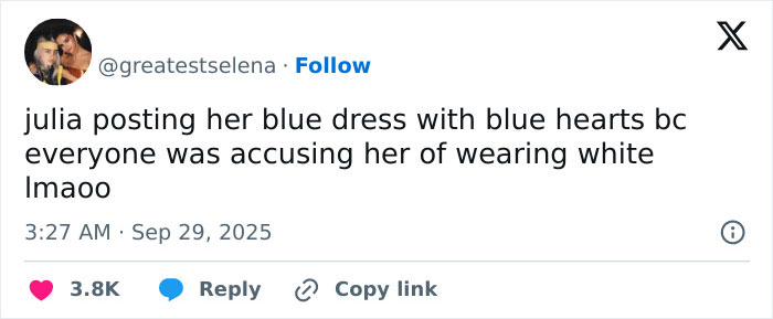 Tweet about Julia’s blue dress amid all the worst and wackiest outfits from Selena Gomez and Billy Blanco's wedding. Tweet about Julia’s blue dress amid all the worst and wackiest outfits from Selena Gomez and Billy Blanco's wedding.