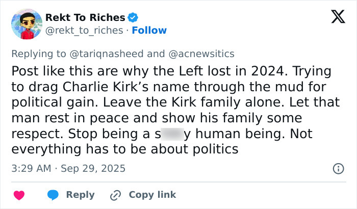 Tweet from Rekt To Riches criticizing the politicization of Charlie Kirk in Michigan church tragedy conspiracy theories. Tweet from Rekt To Riches criticizing the politicization of Charlie Kirk in Michigan church tragedy conspiracy theories.