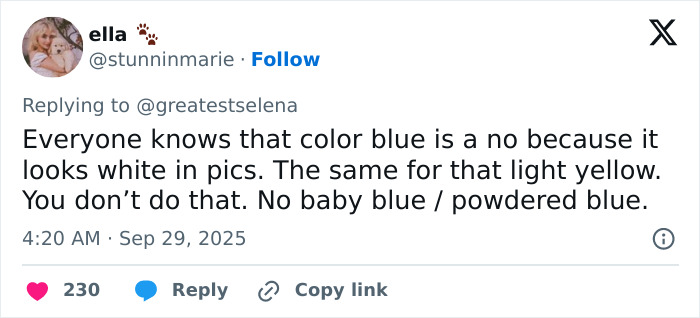 Tweet discussing fashion color choices, mentioning no baby blue or powdered blue outfits at Selena Gomez and Billy Blanco's wedding. Tweet discussing fashion color choices, mentioning no baby blue or powdered blue outfits at Selena Gomez and Billy Blanco's wedding.