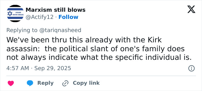 Tweet discussing conspiracy theorists linking Michigan church tragedy to Charlie Kirk attack after culprit identified, with political slant mention. Tweet discussing conspiracy theorists linking Michigan church tragedy to Charlie Kirk attack after culprit identified, with political slant mention.