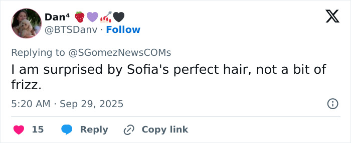 Tweet about Sofia's perfect hair without frizz, related to worst and wackiest outfits from Selena Gomez and Billy Blanco's wedding. Tweet about Sofia's perfect hair without frizz, related to worst and wackiest outfits from Selena Gomez and Billy Blanco's wedding.