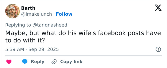 Tweet from user Barth questioning the relevance of a wife’s Facebook posts in the Michigan church tragedy conspiracy theorists discussion. Tweet from user Barth questioning the relevance of a wife’s Facebook posts in the Michigan church tragedy conspiracy theorists discussion.