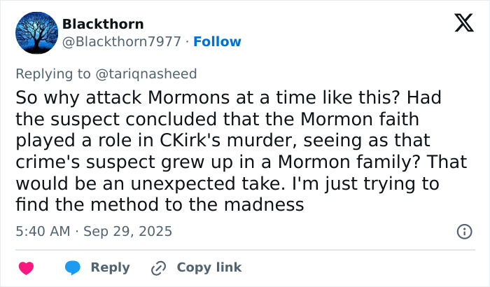 Screenshot of a tweet discussing conspiracy theorists linking Michigan church tragedy to Charlie Kirk attack after culprit identification. Screenshot of a tweet discussing conspiracy theorists linking Michigan church tragedy to Charlie Kirk attack after culprit identification.