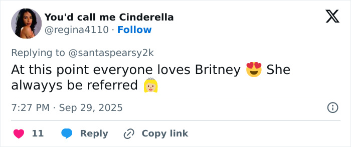 Tweet praising Britney Spears with heart eyes and princess emojis, expressing admiration for the pop icon. Tweet praising Britney Spears with heart eyes and princess emojis, expressing admiration for the pop icon.