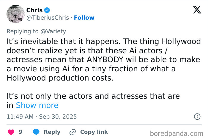 Tweet discussing the impact of AI actress Tilly Norwood on Hollywood and film production costs. Tweet discussing the impact of AI actress Tilly Norwood on Hollywood and film production costs.