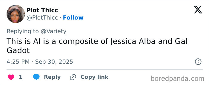 Tweet discussing AI actress Tilly Norwood as a composite of Jessica Alba and Gal Gadot amid Emily Blunt's concerns. Tweet discussing AI actress Tilly Norwood as a composite of Jessica Alba and Gal Gadot amid Emily Blunt's concerns.