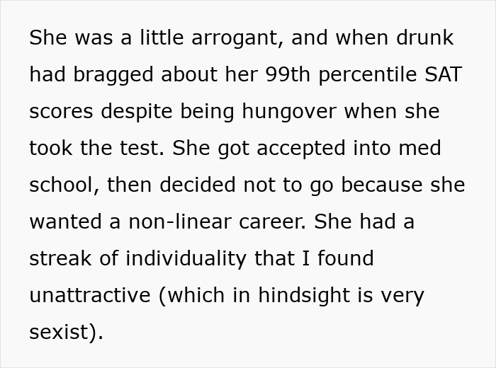 Text excerpt describing a woman with high SAT scores and unique career choices, highlighting intellect over emotion. Text excerpt describing a woman with high SAT scores and unique career choices, highlighting intellect over emotion.