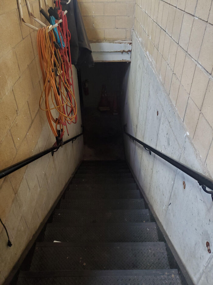 Dimly lit narrow stairway to basement with hanging cords and industrial walls, showcasing unsettling work conditions.