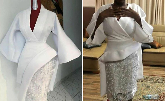 Side-by-side comparison of an ordered white dress design versus the actual worn dress showing funny what I ordered vs got fail.