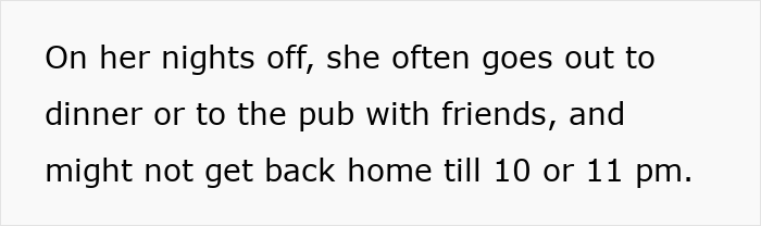 Text about live-in nanny's curfew and nights off, mentioning her social outings and late returns home. Text about live-in nanny's curfew and nights off, mentioning her social outings and late returns home.