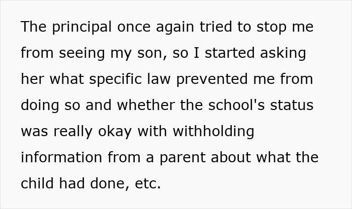Text showing a parent questioning the principal about school policies on withholding information from parents after a student incident. Text showing a parent questioning the principal about school policies on withholding information from parents after a student incident.