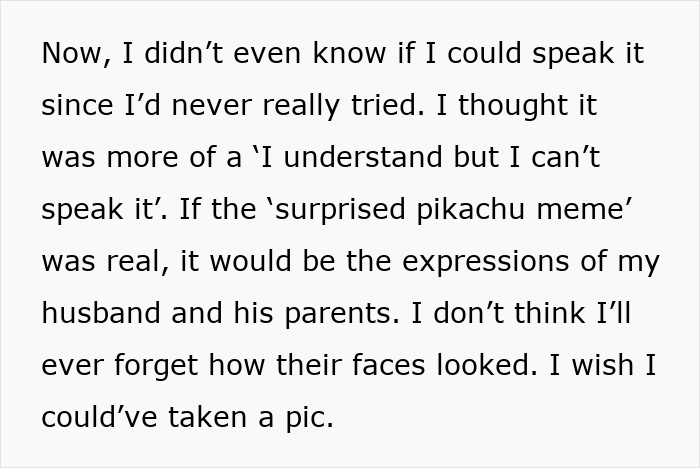 Text about husband and parents reacting with surprised expressions related to native language and communication challenges. Text about husband and parents reacting with surprised expressions related to native language and communication challenges.