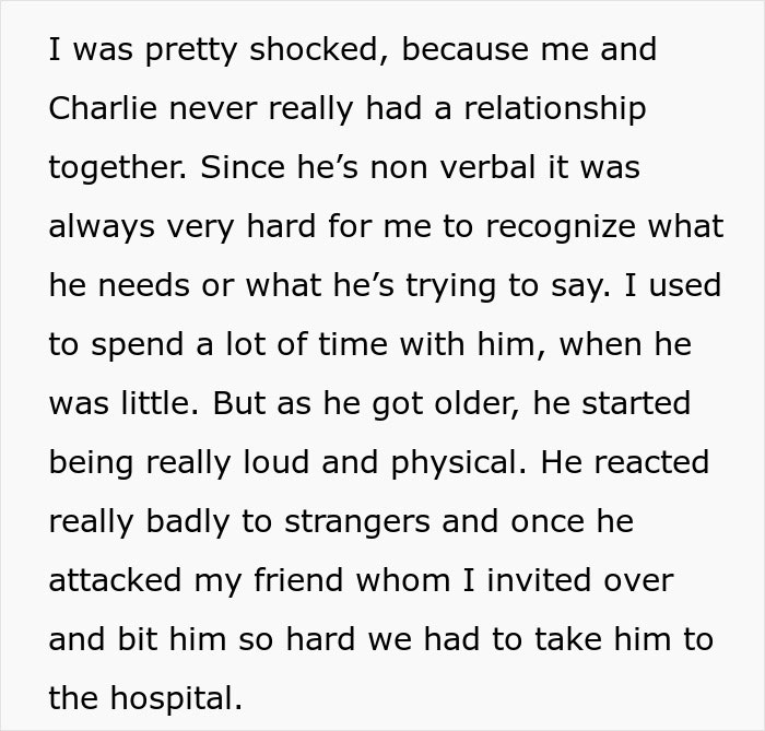 Text discussing challenges in caring for an autistic brother who is nonverbal, loud, and physically reactive. Text discussing challenges in caring for an autistic brother who is nonverbal, loud, and physically reactive.