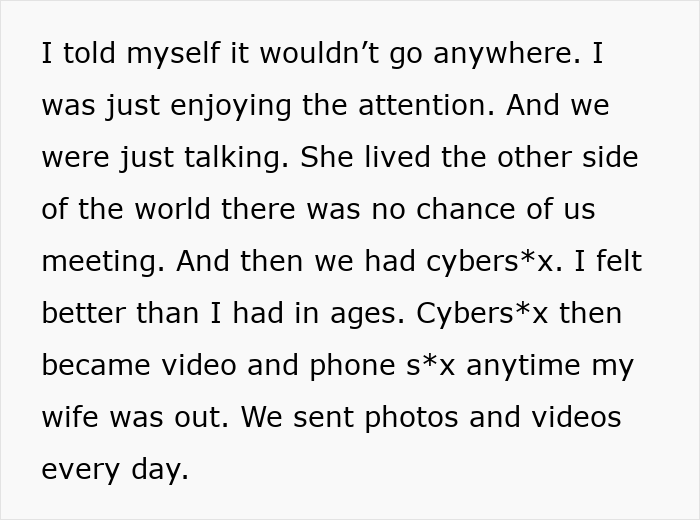 Text excerpt describing a man’s feelings of guilt after ruining marriage with an online affair and cybersex activities. Text excerpt describing a man’s feelings of guilt after ruining marriage with an online affair and cybersex activities.