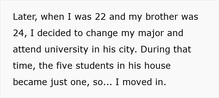 Text excerpt about siblings sharing a house, highlighting a brother's demand for sister to move out for kids' space. Text excerpt about siblings sharing a house, highlighting a brother's demand for sister to move out for kids' space.