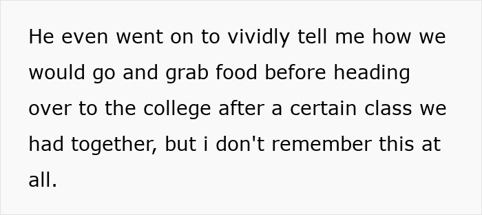 Text excerpt showing a guy convinced they took an art class together, while his girlfriend has no memory of it. Text excerpt showing a guy convinced they took an art class together, while his girlfriend has no memory of it.