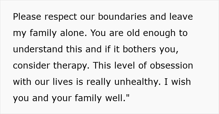 Alt text: Statement addressing family boundaries and stopping obsession with airing dirty laundry online by a stalker half-sister. Alt text: Statement addressing family boundaries and stopping obsession with airing dirty laundry online by a stalker half-sister.