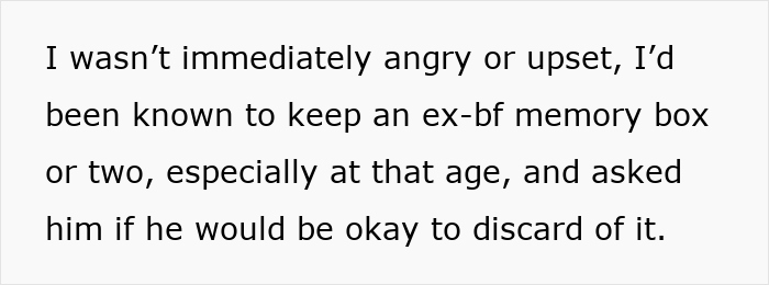 Text discussing keeping or discarding an ex-boyfriend memory box, related to wife wanting man to toss ex-GF’s box.