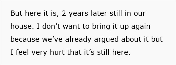 Text excerpt discussing wife wanting man to toss his ex-girlfriend's memory box but keep her late ex-boyfriend's, sparking hypocrisy debate.