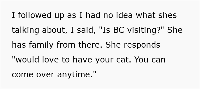Text message exchange discussing parents trying to get rid of daughter’s cat during pregnant sister’s visit. Text message exchange discussing parents trying to get rid of daughter’s cat during pregnant sister’s visit.