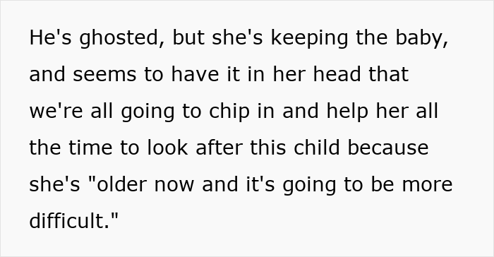 Text showing a woman expecting adult kids to drop everything and provide help after getting pregnant at 46 years old. Text showing a woman expecting adult kids to drop everything and provide help after getting pregnant at 46 years old.