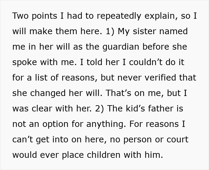 Text excerpt describing a woman explaining her late sister naming her guardian despite never wanting kids. Text excerpt describing a woman explaining her late sister naming her guardian despite never wanting kids.