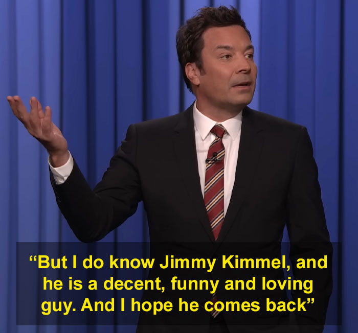Jimmy Fallon speaking on stage in a suit and striped tie, addressing Jimmy Kimmel's show suspension with a hopeful tone. Jimmy Fallon speaking on stage in a suit and striped tie, addressing Jimmy Kimmel's show suspension with a hopeful tone.