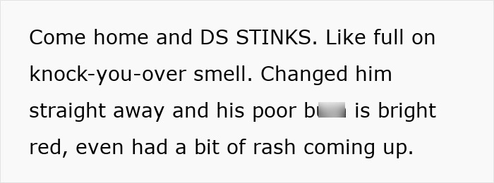 Text showing a parent's complaint about forgetting to change a diaper, causing a red rash on the baby. Text showing a parent's complaint about forgetting to change a diaper, causing a red rash on the baby.