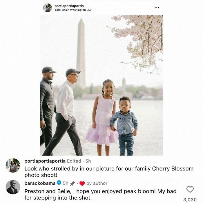 Children posing by the Tidal Basin during cherry blossom season with celebs dropping unexpected gems in the comments.