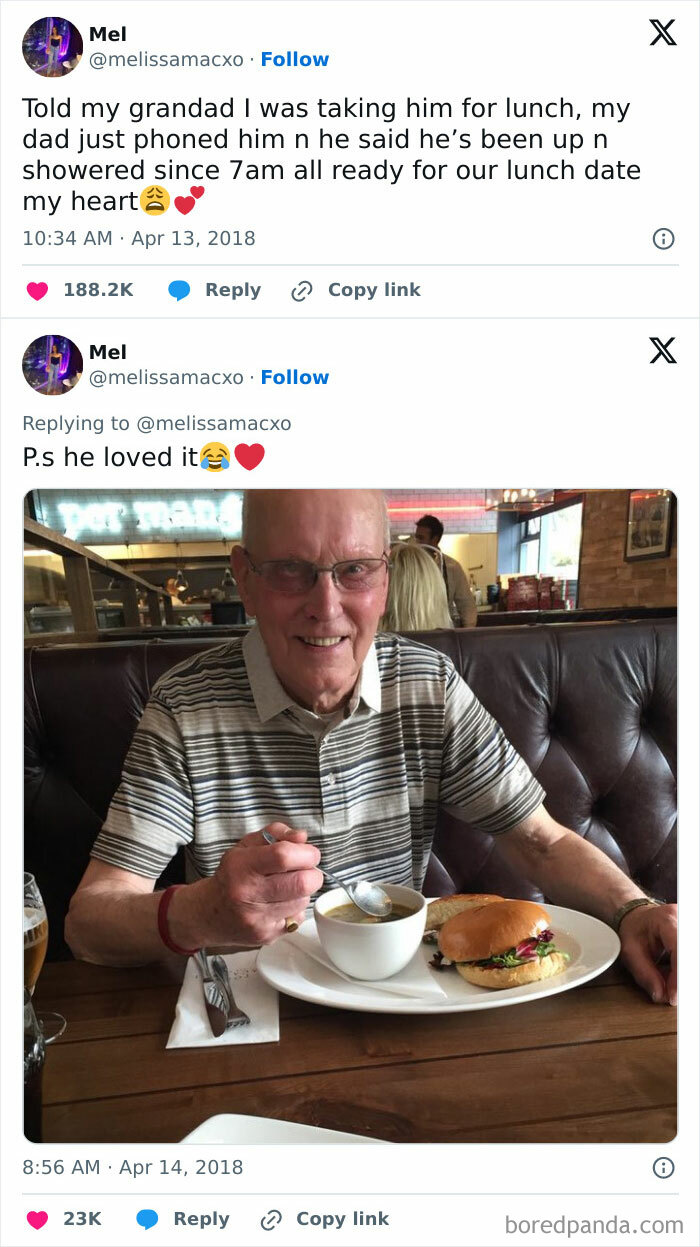 Elderly man smiling at lunch date, showing heartwarming story to cleanse your feed from negativity.