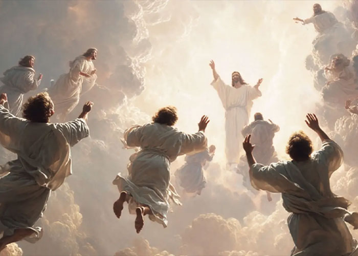 A depiction of people rising into the clouds surrounded by light, illustrating themes related to RaptureTok and belief. A depiction of people rising into the clouds surrounded by light, illustrating themes related to RaptureTok and belief.