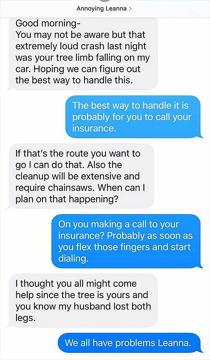 Text message exchange about a fallen tree limb on a car, showcasing unbearable neighbor conflict and sarcasm.