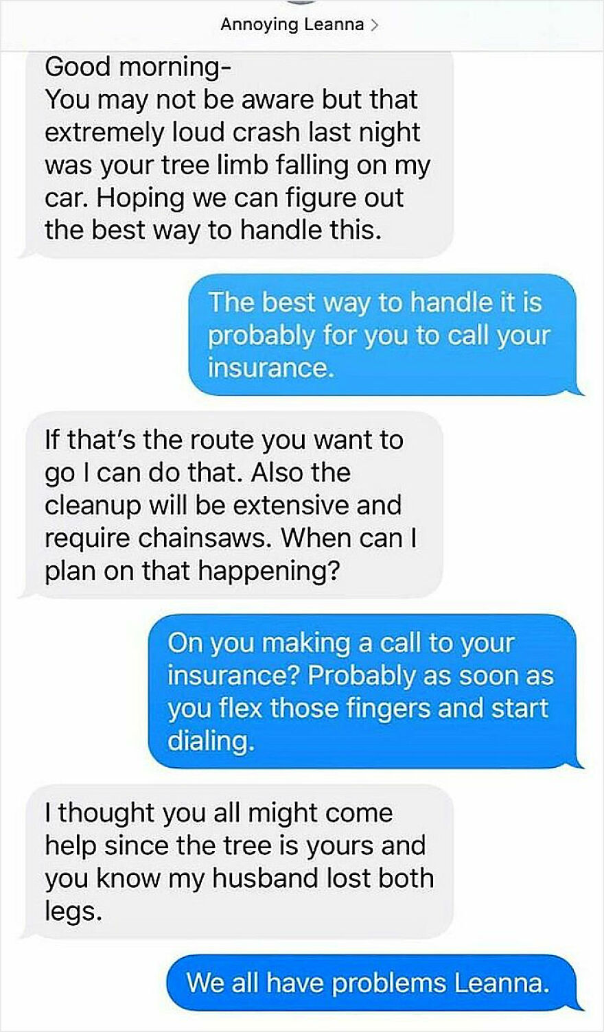 Text message exchange about a tree limb falling on a car, illustrating challenges of living in remote areas with no neighbors.